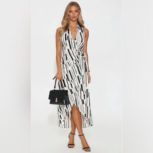Elegant Black and White Striped Wrap Dress
